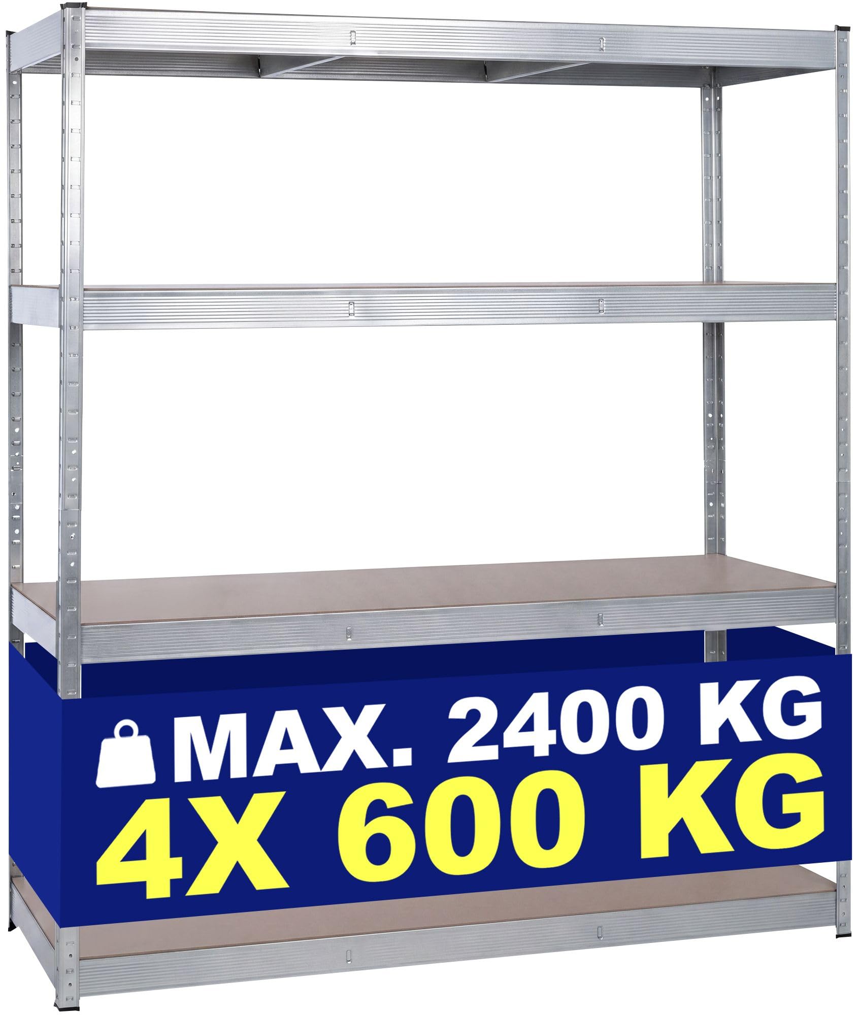 CLP Scaffale Metallico 60x160 cm Portata 2400 kg, 4 Ripiani MDF da 600 kg, Ideale per Cantina e Garage, Montaggio a Incastro Colore Argento