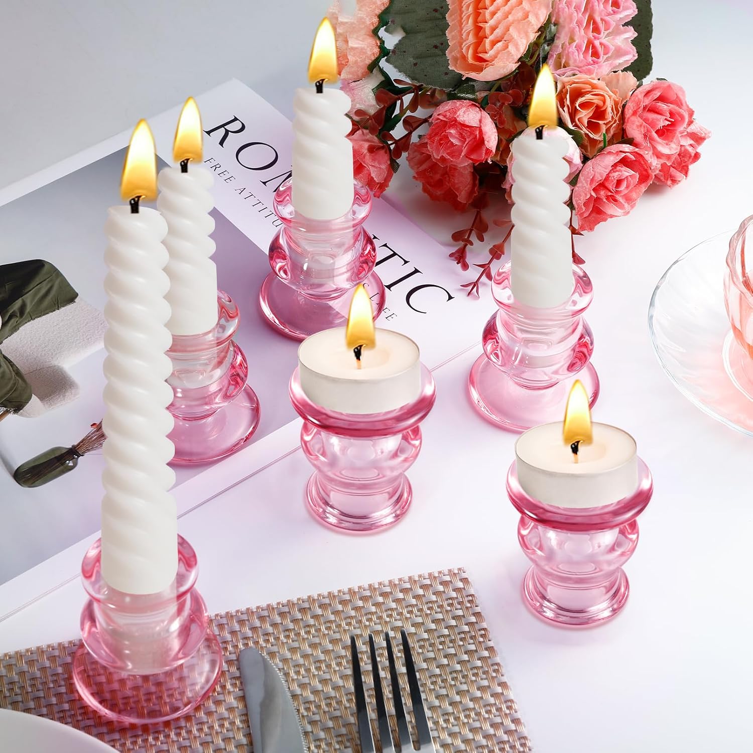 12 Pcs Pink Candlestick Holders,Pink Taper Candle Holders for Pillar Candles,Glass Candle Holder for Wedding, Party,Table Centerpiece,Home Decoration - Image 3
