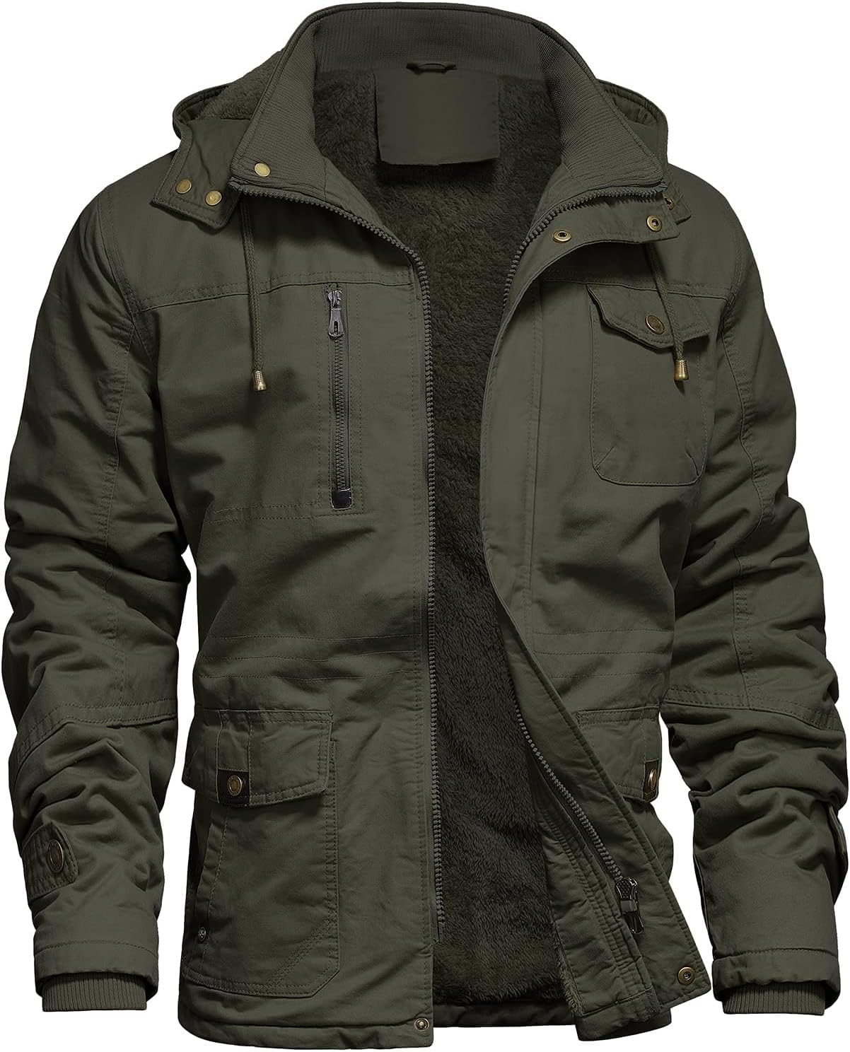 Mens Jacket Winter Casual Fleece Lined Cotton Thick Military Tactical Hooded Work Coats with Cargo Pockets