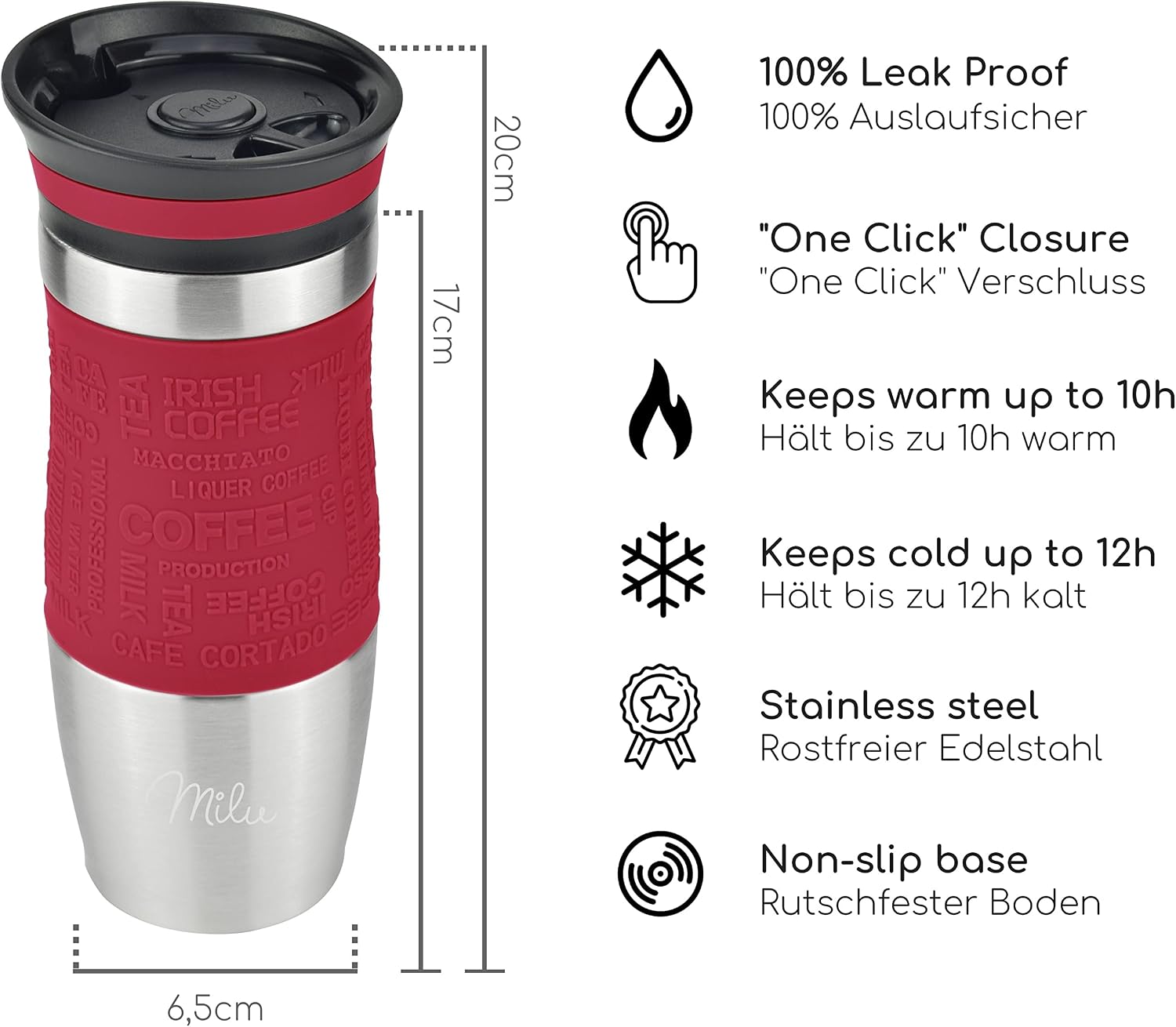 Milu Thermal Mug, 370 ml, 450 ml, Insulated Mug, Coffee Mug to Go, 100% Leak-Proof, Stainless Steel Drinking Cup, Car Mug, Double Wall Insulation, Thermal Mug, Travel Mug (Red, 370 ml) image 2