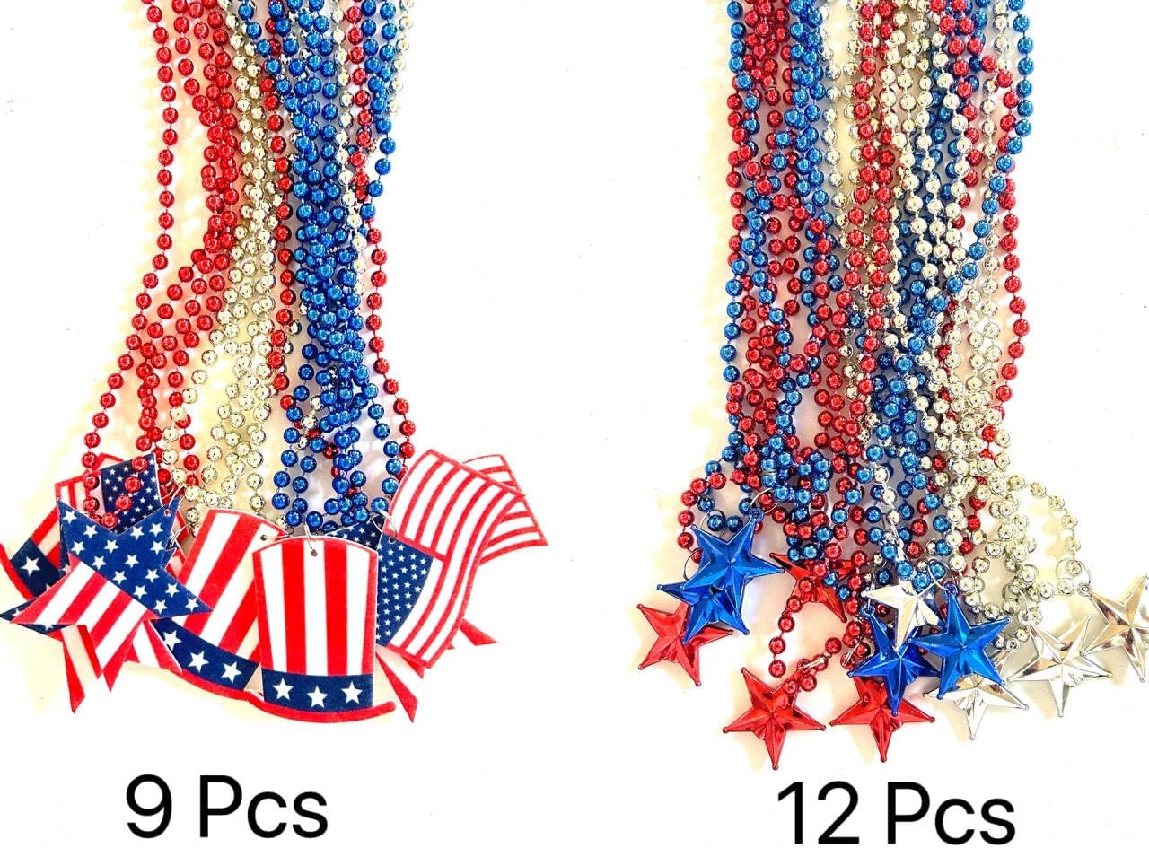 72 Pcs 4th of July Beads Necklace Independence Day Red Blue Silver Party Favors Fourth of July Patriotic USA Hat American Flag Parade Beads Necklaces Party Decorations