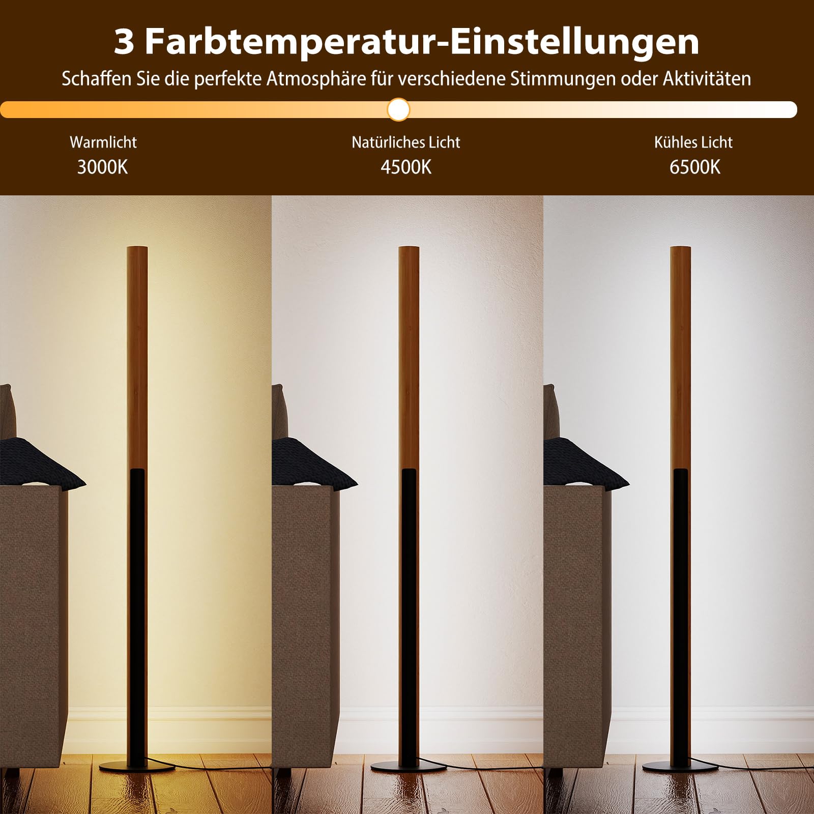 COSTWAY 122cm LED Stehlampe Bambus, Standlampe mit Fußschalter & 3 Farbtemperaturen von 3000K-6000K, dimmbare Leselampe minimalistisch für Wohnzimmer, Schlafzimmer & Büro