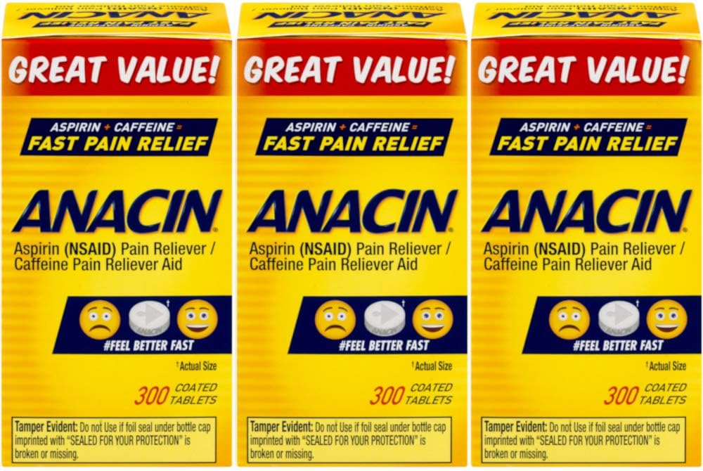 Anacin Fast Pain Relief Pain Reducer Aspirin Tablets, 300 Tablets, (Pack of 3)