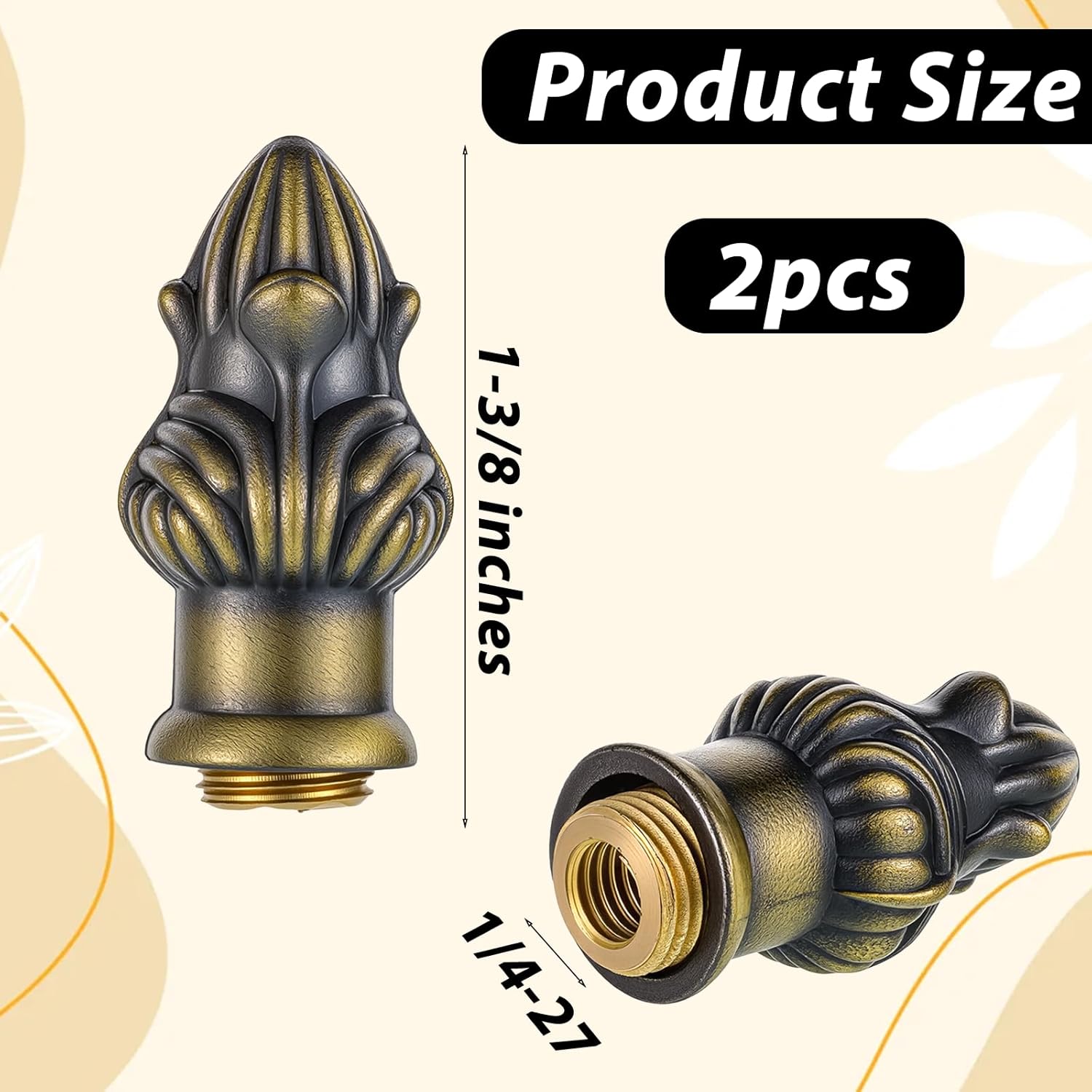 2 Pack Antique Brass Lamp Finial Cap Knob Lamp Finial Cap Knob Lamp-Decoration for-Lamp Shade, Fit Both 3/8" and 1/4-27, Antique Brass