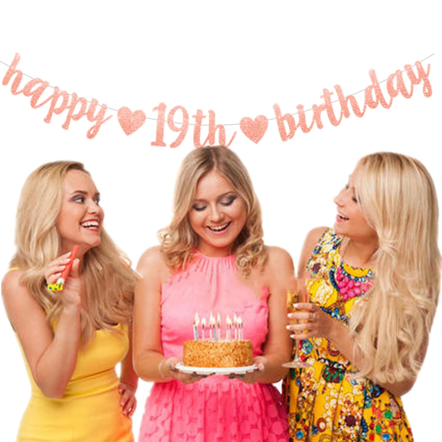 bng-bng 19th Birthday Banner Decorations Girls,Rose Gold 19 banner,Happy 19th Birthday Bunting Glittery Hanging Garland For 19 Nineteen Years Theme Party Decoration Photo Backdrop - Image 3