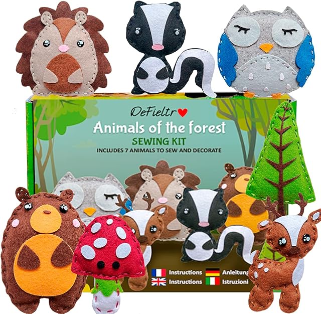 DeFieltro Forest Animals - Felt Sewing Kits for Children and Adults  Set Crafts for Boys and Girls - Sewing Crafts for Kids to Learn to Sew - First Sewing for Child