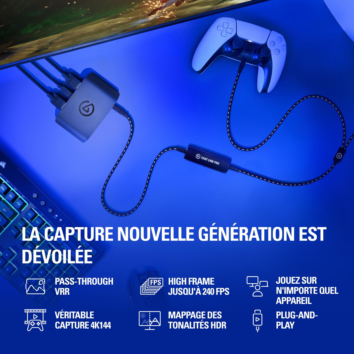 Elgato 4K X External Capture Card & Chat Link Pro - Adaptateur Audio pour PS5, PS4, Nintendo Switch, permettant de capturer Le Chat Vocal, Le Son du Gameplay, câble Extra Long
