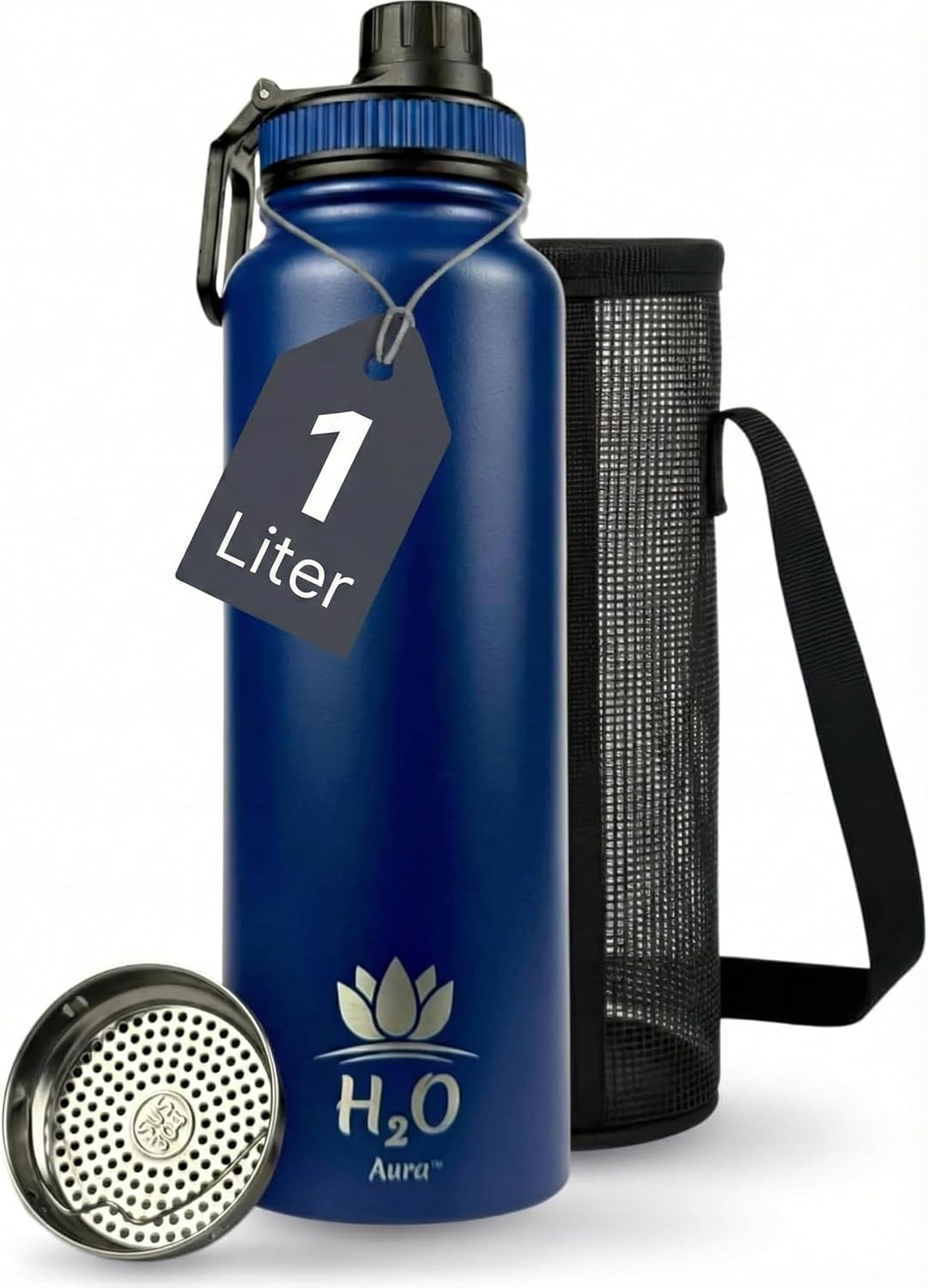 Premium 1 Liter Water Bottle (33.8 oz) with Carrying Case & Strap – Double Wall Vacuum Insulated Stainless Steel Water Bottle – Leakproof Lid, Wide Mouth, BPA-Free, Removable Strainer – Blue