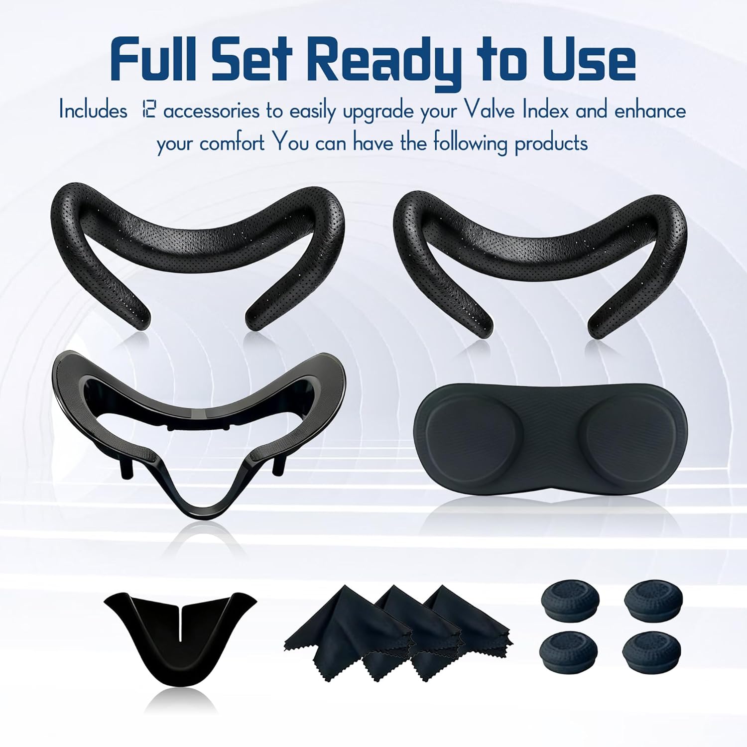 Upgraded Valve Index Face Gasket Complete Set with Magnetic Bracket Dual Covers Joystick Caps Lens Cover Cleaning Cloths Anti Leak Nose Pad