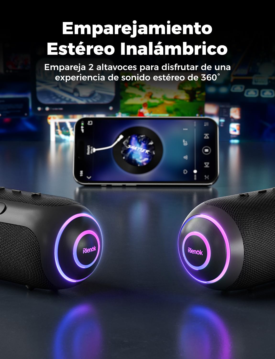RIENOK Altavoz Bluetooth Potente 40W Impermeable IPX7 5200mAh Tweeter y Woofer Bluetooth 5.3 Portátil Inalámbrica Emparejamiento Estéreo Apoya Tarjeta TF, AUX