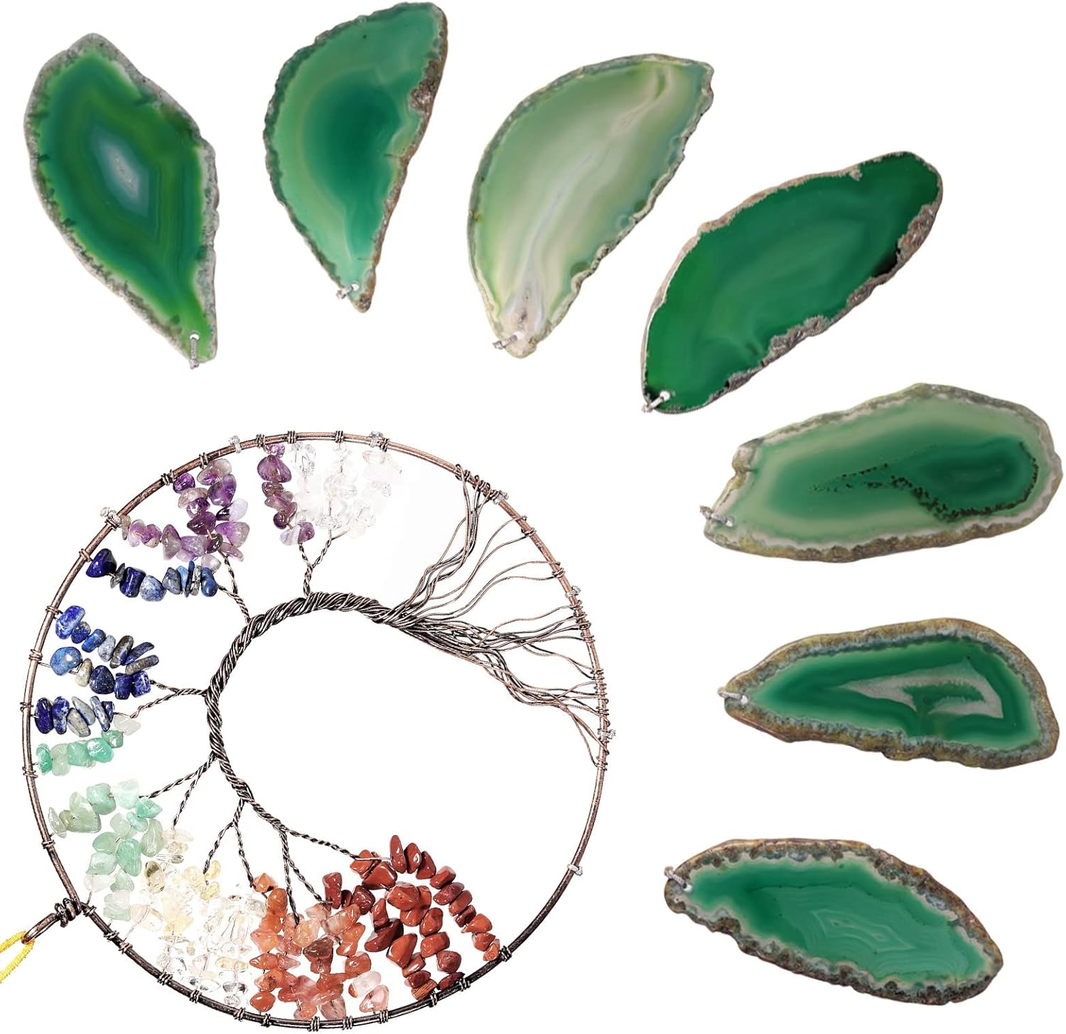 7 Chakra Tree of Life Oblique Agate Slice Wind Chime, Reiki Stone Wall Hanging Ornament Windchime for Home Indoor Outdoor, Green