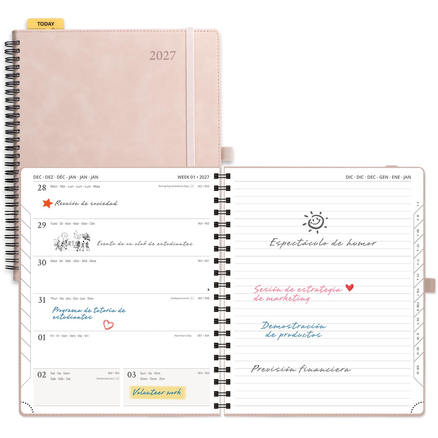 POPRUN 2027 Week View Diary and Notepad 2 in 1 26 x 21 cm | Spiral, Soft Cover, Positioning Ruler, One Page per Week with One Page of Notes, EU 100 GSM Paper, Pale Pink