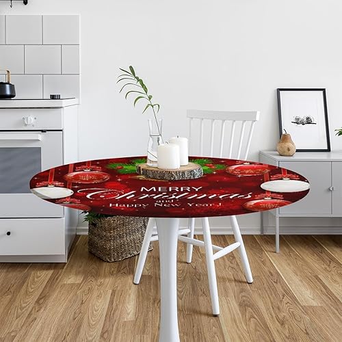 Miniatura 7 de Mantel redondo ajustable de bolas rojas de Navidad, mantel redondo ajustable con borde elástico, impermeable, lavable, para mesa de comedor al aire