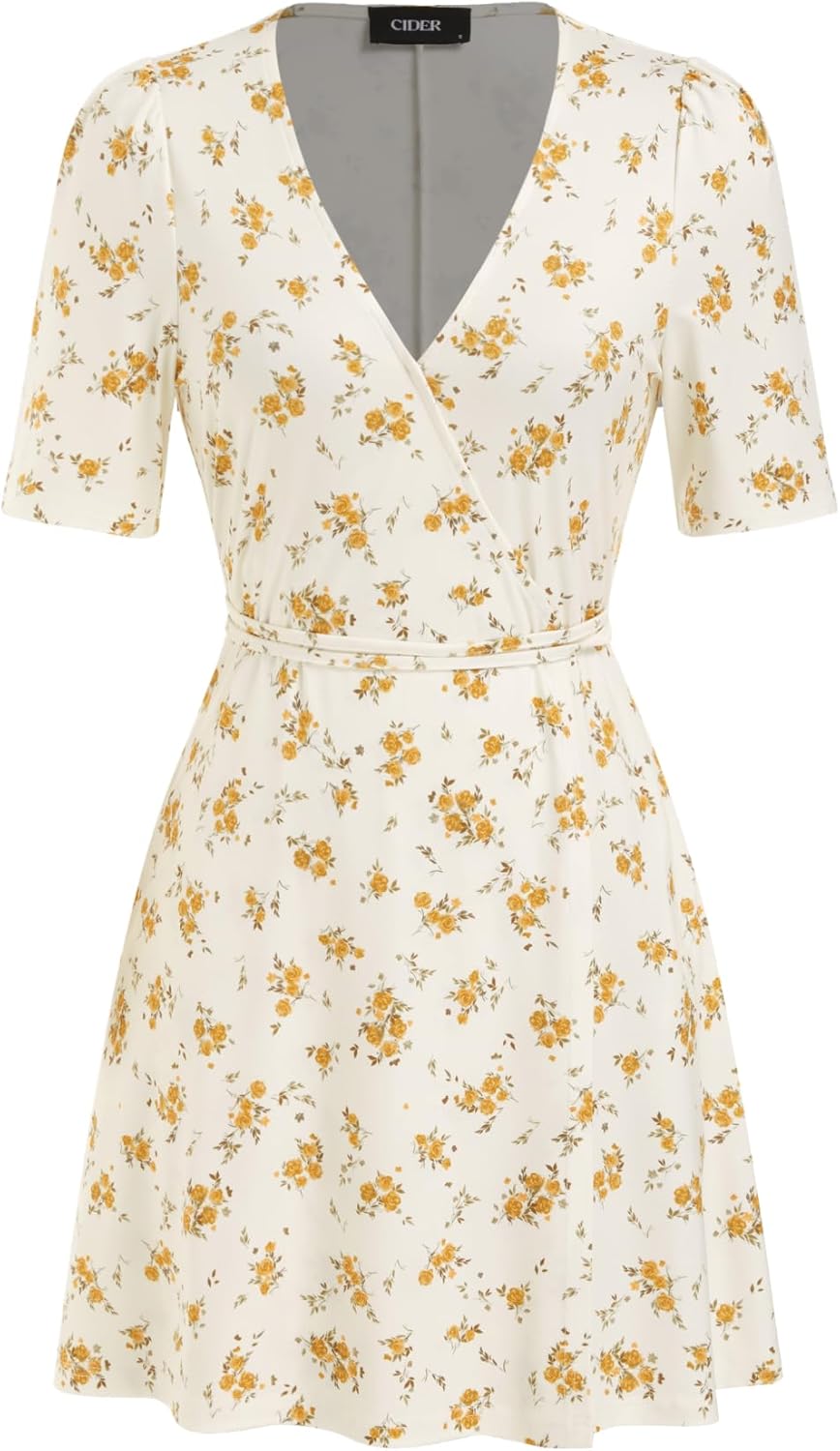 CIDER Mini Floral Dress Summer Boho Wrap V Neck Dress for Women Short Sleeves Vacation Casual Mini Dress