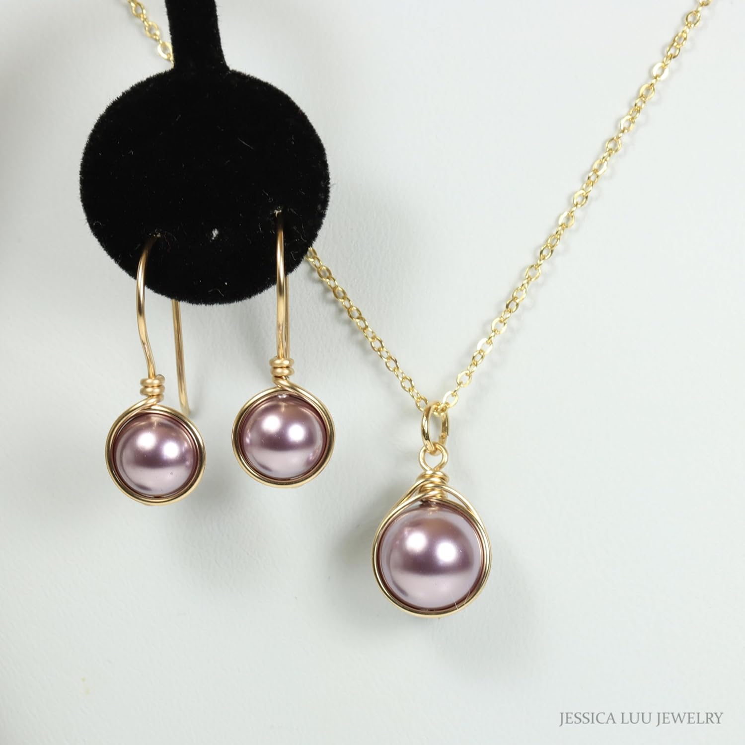 Jessica Luu Jewelry Gold Mauve Purple Pearl Earrings for Women Wire Wrapped Handmade