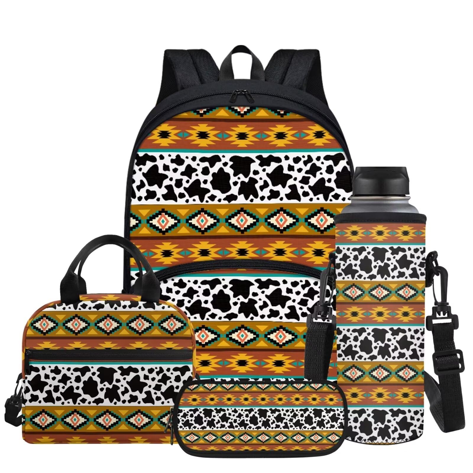 Glomenade Cow Aztec Western Backpack for Kids Back To School Bookbags Teenage Backpack with Lunchbox Pen Case Water Bottle Sleeve