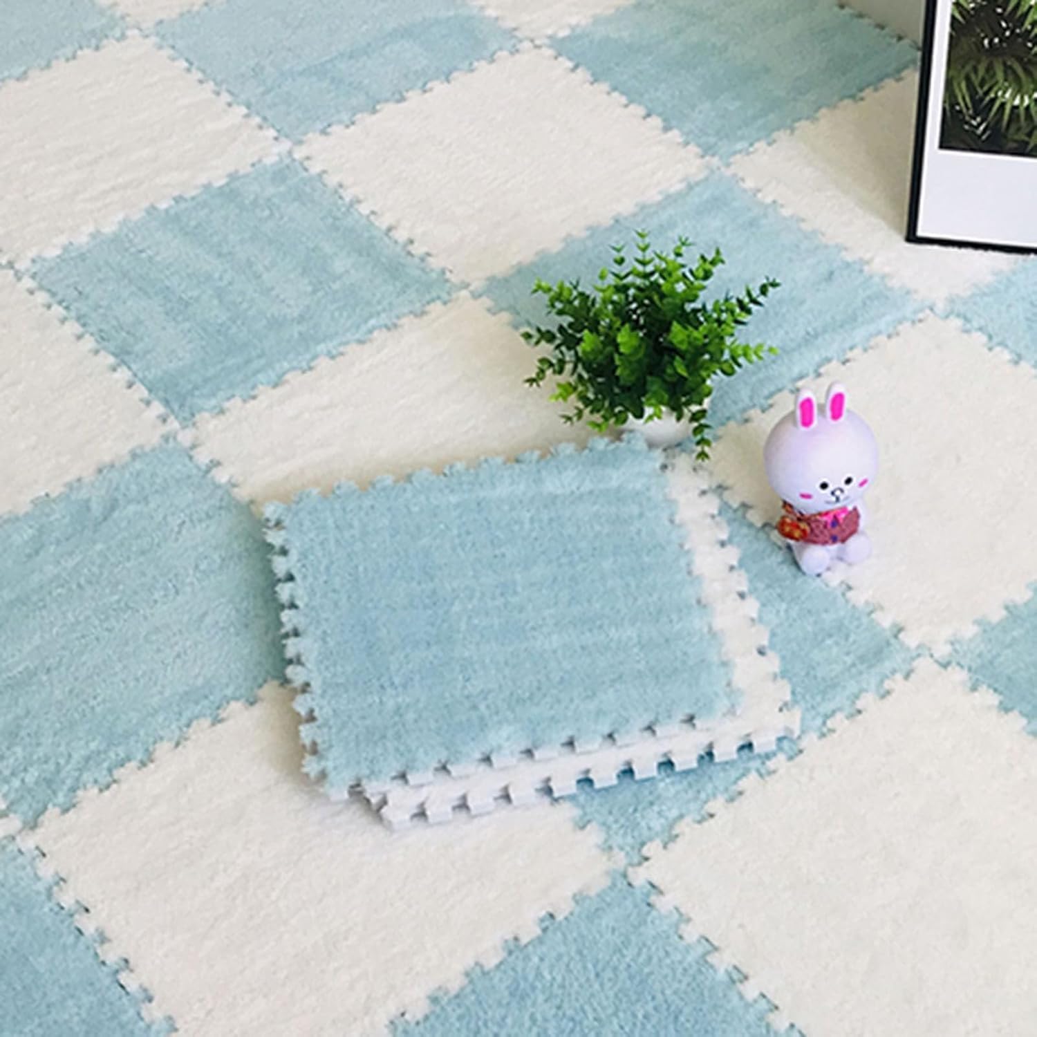 15-Piece P Foam Interlocking Floor Mat - Soft 12x12 Inch Square Tiles, Fluffy Jigs Carpet Rug for Kids' Playroom, Living Room, Bedroom (Rose Red & Gray)
