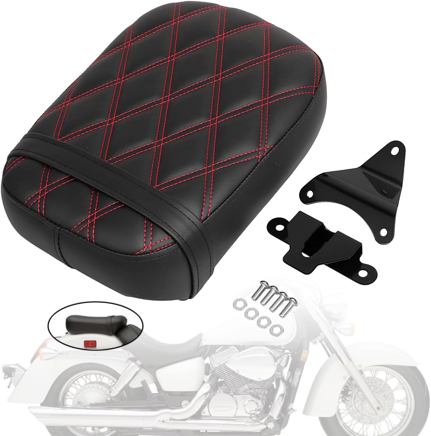 Red Diamond Double Stitching Rear Passenger Seat, Motorcycle Pillion Cushion Seat for Honda Shadow Spirit VT750 ACE VT750C VT750CD 1998-2003