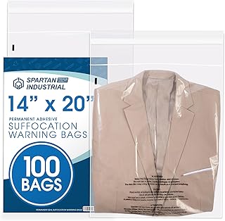 Spartan Industrial - 14” X 20” (100 Count) Self Seal Clear Poly Bags with Suffocation Warning for Packaging, Clothes & Shipping - Permanent Adhesive