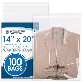 14 X 20 100 Count Self Seal Clear Poly Bags with Suffocation Warning | for Packaging, Clothes & Shipping - Permanent Adhesive - Spartan Industrial