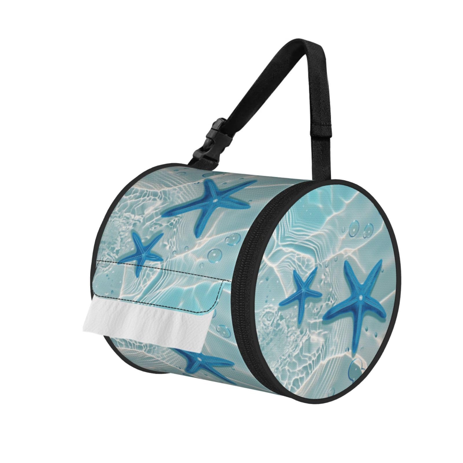 Seabed Starfish Print Round Tissue Dispenser Bag With Carry Strap, Portable Roll Holder For Car Travel Home