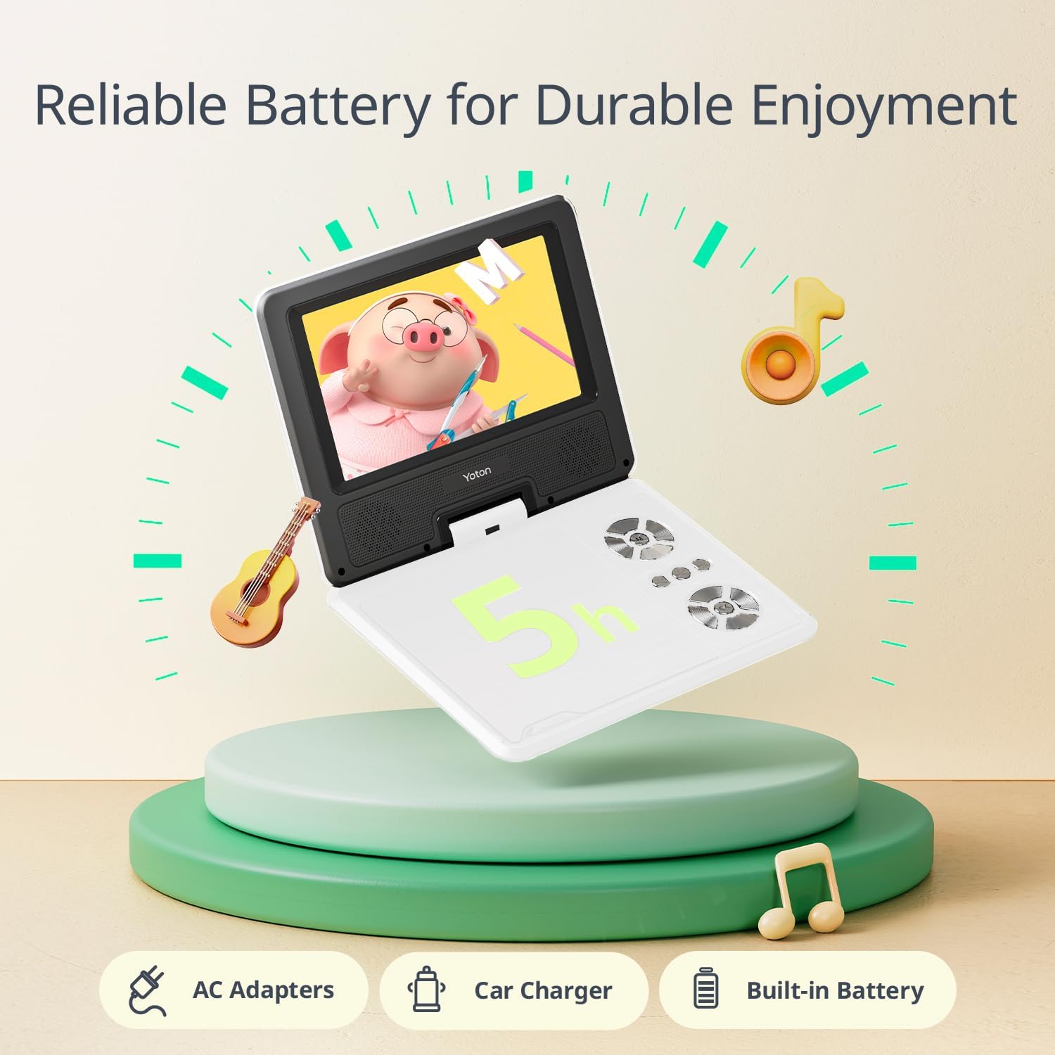 YOTON Portable DVD Player showing its long battery life and charging options with AC adapter and car charger.