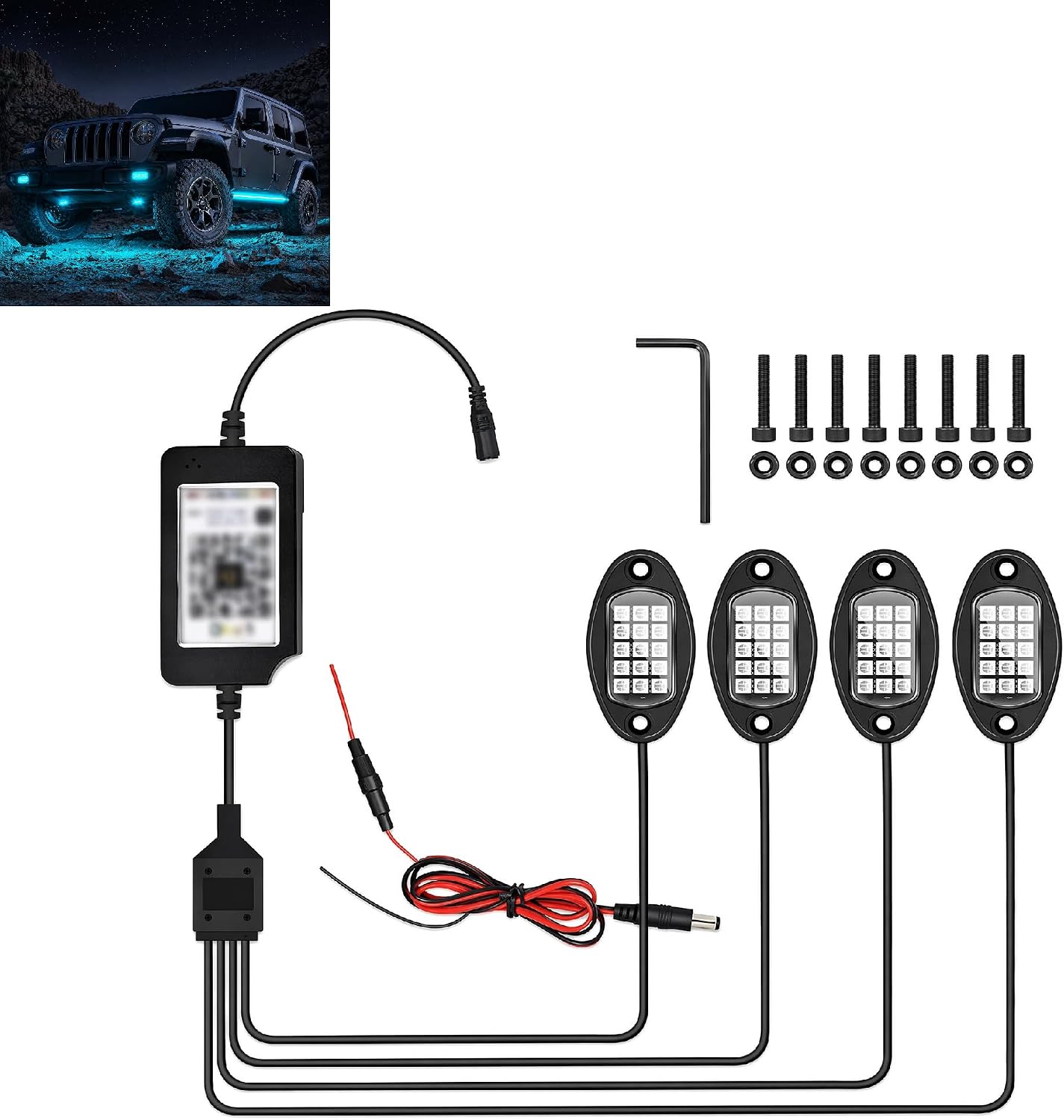 RGB LED Rock Lights, 4 Pods Underglow Neon Light Kit with APP Control & Music Mode, Multicolor Waterproof Wheel Well Lights for Truck Jeep SUV ATV UTV (12V)
