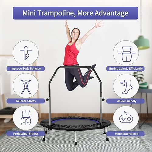 Miniatura 2 de ZENOVA 40" Mini Trampoline, Rebounder Trampoline for Adults,Fitness Trampoline Indoor with Adjustable Bar Rebounder Trampoline Jumping Workouts