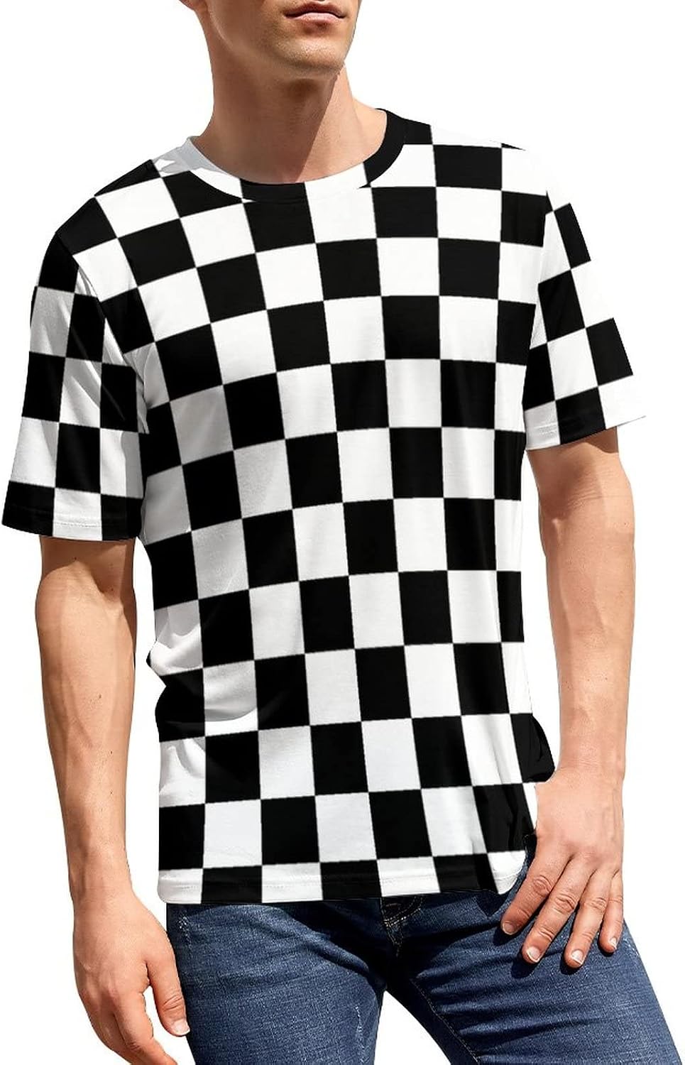Men's T-Shirt Novelty Casual Graphic Short Sleeve Tees Tops - Black White Race Checkered Flag Pattern