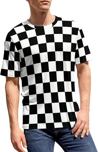 Mens T-Shirt Novelty Casual Graphic Short Sleeve Tees Tops - Black White Race Checkered Flag Pattern