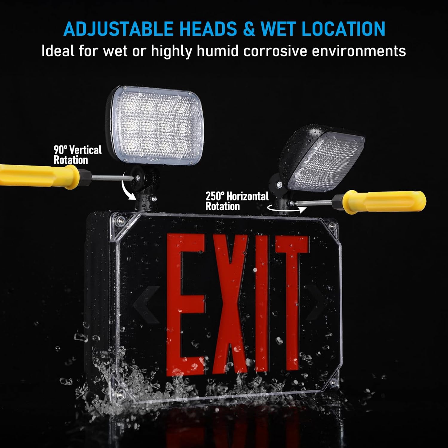 LEONLITE LED Exit Light, Wet Location Exit Sign with Emergency Lights, UL Listed, Outdoor Hardwired Red Letter Exit Sign with Battery Backup, 2 Dual Heads, Double Face, AC 120/277V, Black, Pack of 6