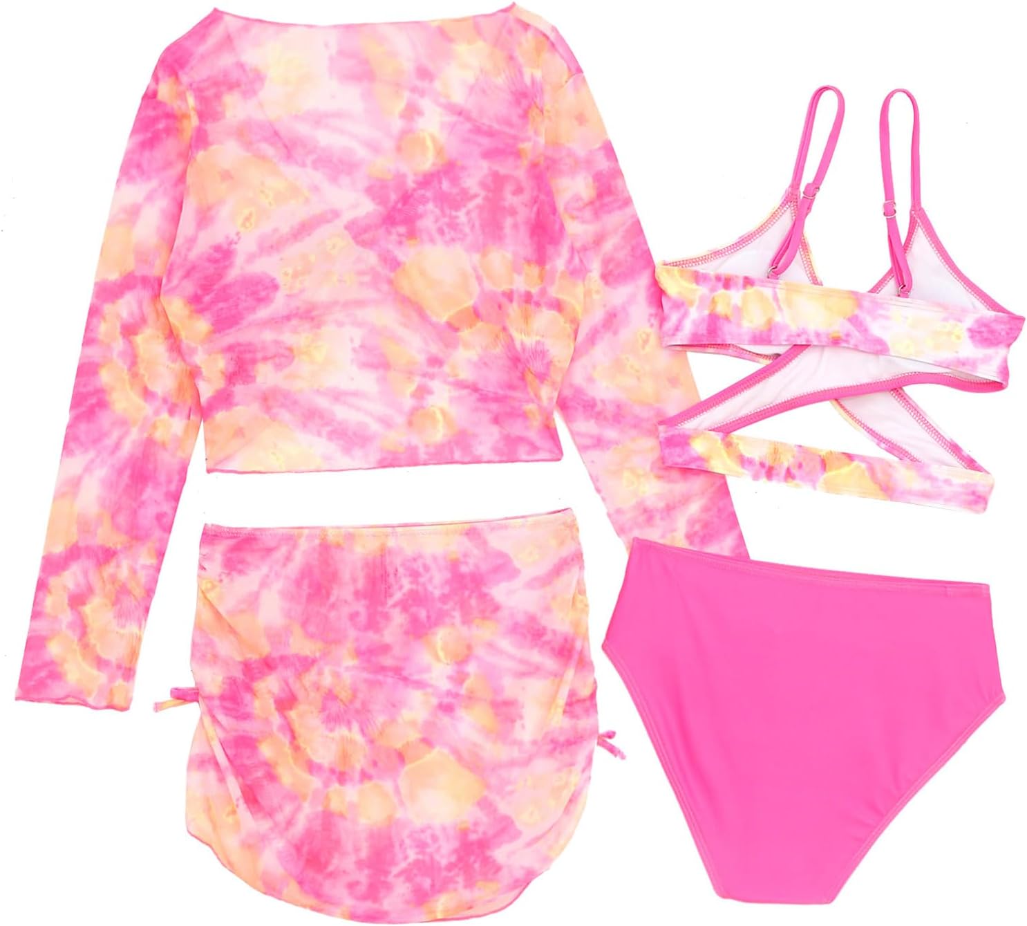 Kaerm Kids Girls Tie Dye Print Swimsuit Beachwear Bikini Set with Cover Up Outfits Pool Bathing Suit