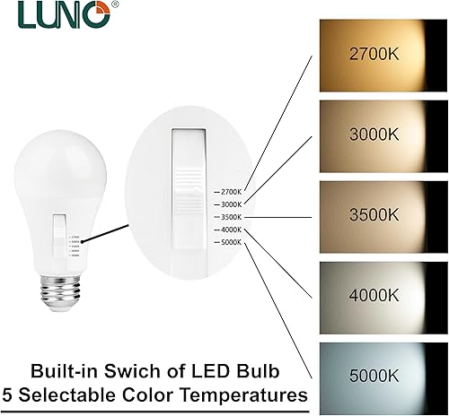 Miniatura 3 de LUNO Bombilla LED regulable A19, 9 W (equivalente a 60 W), 800 lúmenes, color seleccionable, 2700K, 3000K, 3500K, 4000K, 5000K, 5CCT, certificación
