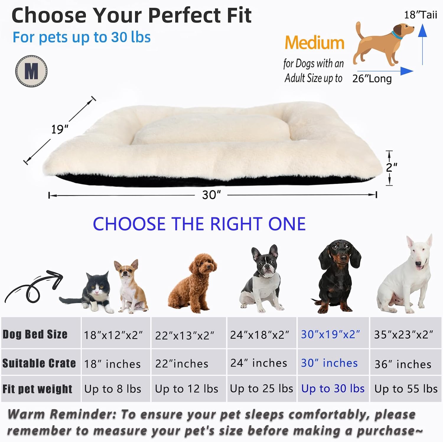 Dog Bed 30x19 for Medium Size Crate Very Soft and Comfy Washable, Fluffy Plushy Plush Pillow Bed Kennel Pad, Non-Slip and Machine Washable Pet Sleeping Mattress Mat for Medium Dogs, 30 Inch, Beige