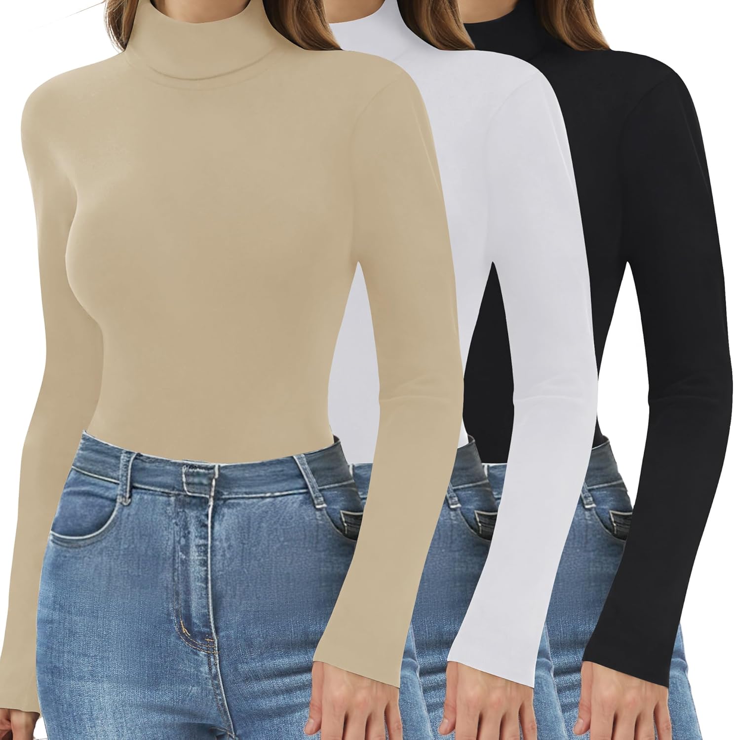 DDOBB 3 Pack Turtlenecks Long Sleeve Shirts for Women Black Base Layer Tops Winter Clothes