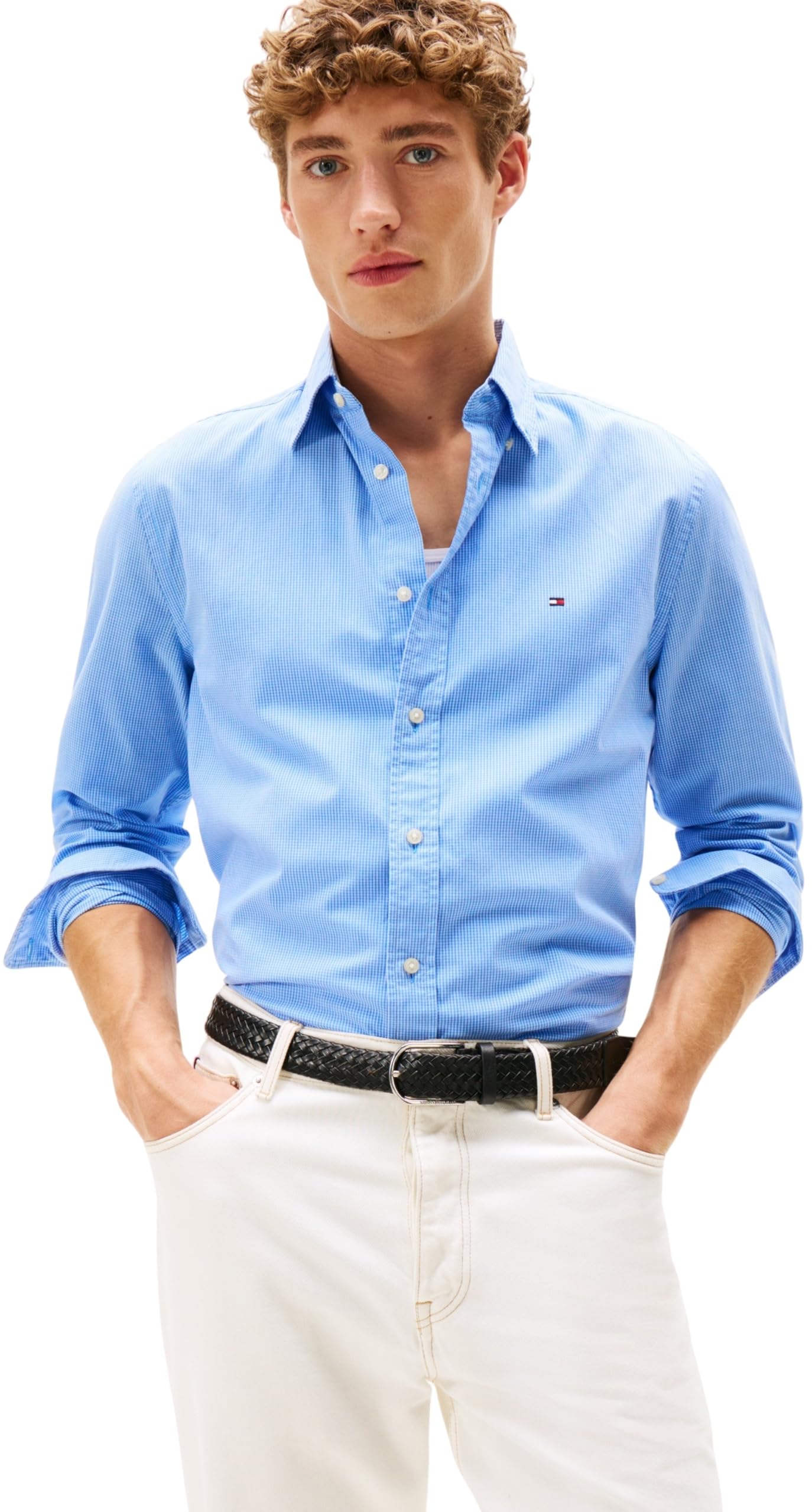 Tommy Hilfiger Men’s Flex Poplin Micro Gingham Regular Fit Shirt, Blue (Sweet Blue/Check), S