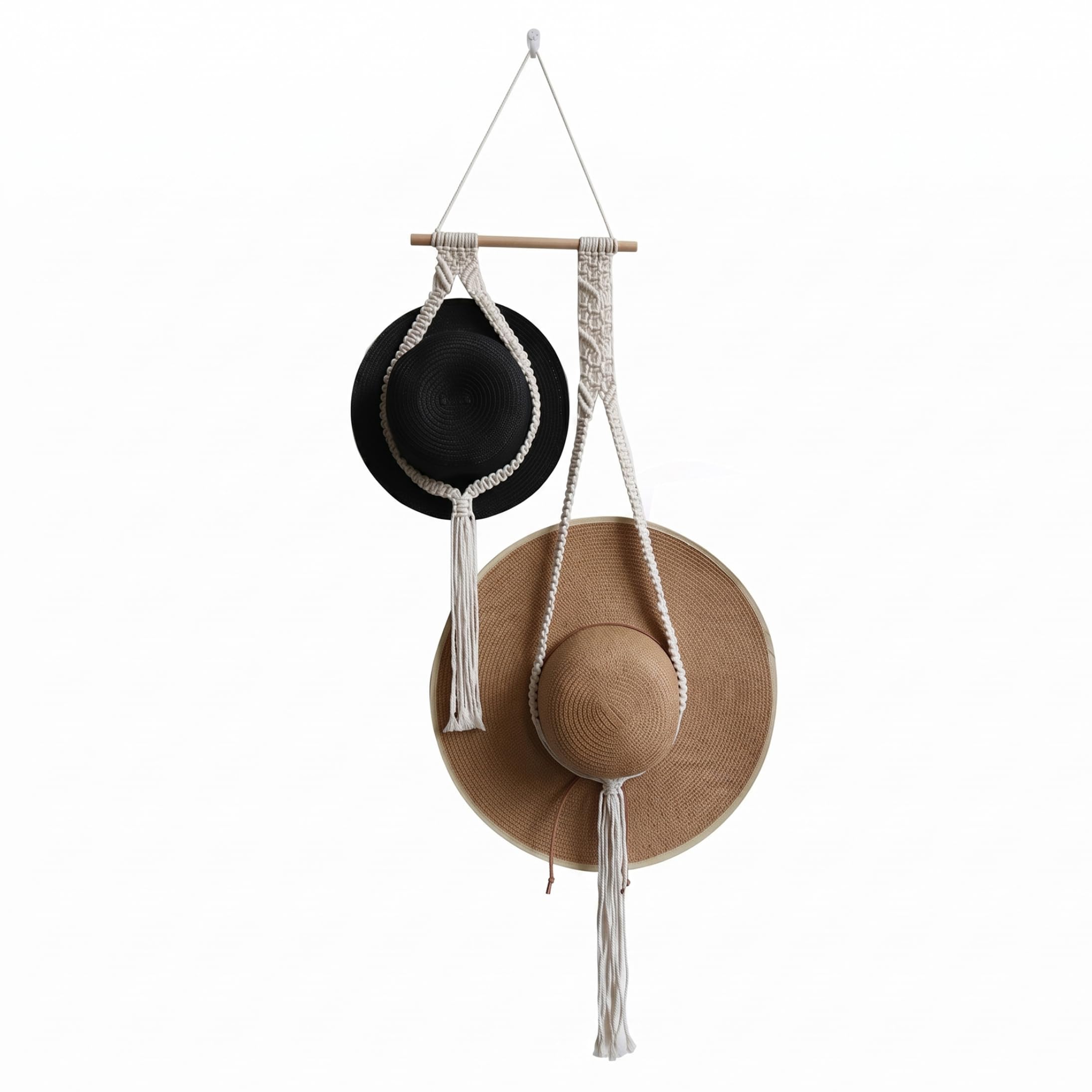 Sjfbebsy Hat Hangers for Wall, Boho Cowboy Hat Wall Hanger, Woven Rope & Wooden Bead Holder for Displaying Cowboy Hats, Fedoras & Caps