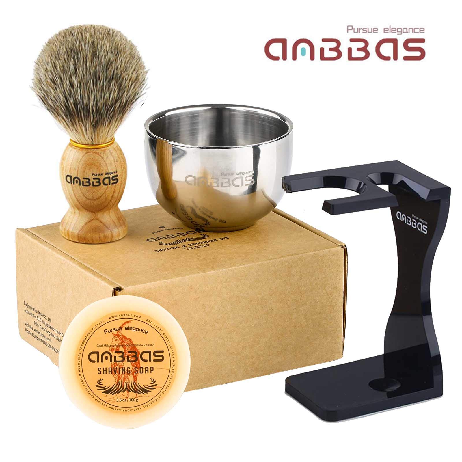 Anbbas Ensemble de Blaireau de Rasage 4en1,avec Support de Rasoir,Bol et Savon pour Rasage Traditionnel Homme