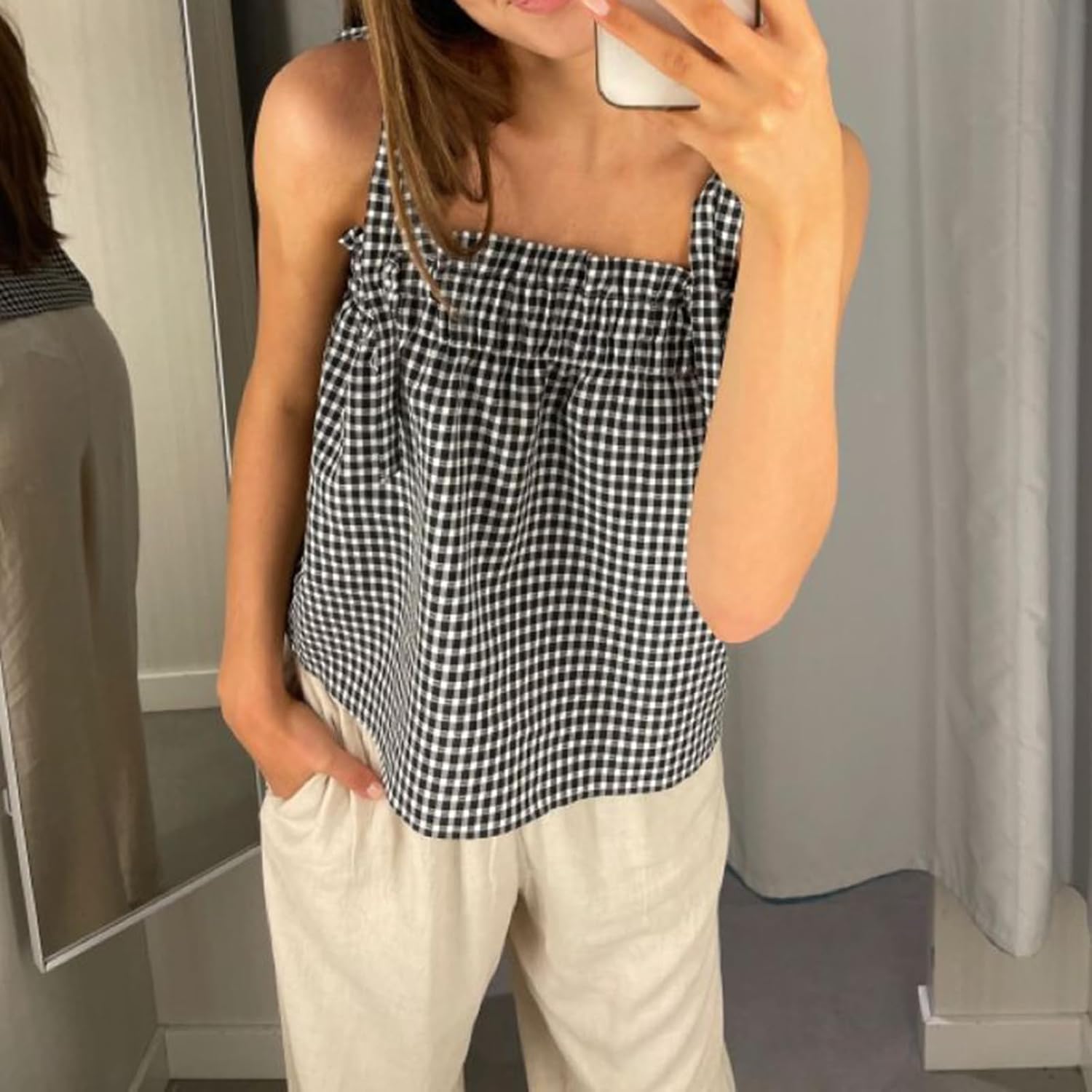 Women Y2k Gingham Tank Top Sleeveless Smocked Tank Tops Plaid Camisole Ruffle Hem Peplum Tops Summer Streetwear Black, Small - Image 2