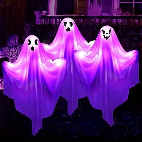 [8 Light-Modes] 3-Pack LED Halloween Ghost Lights Stakes