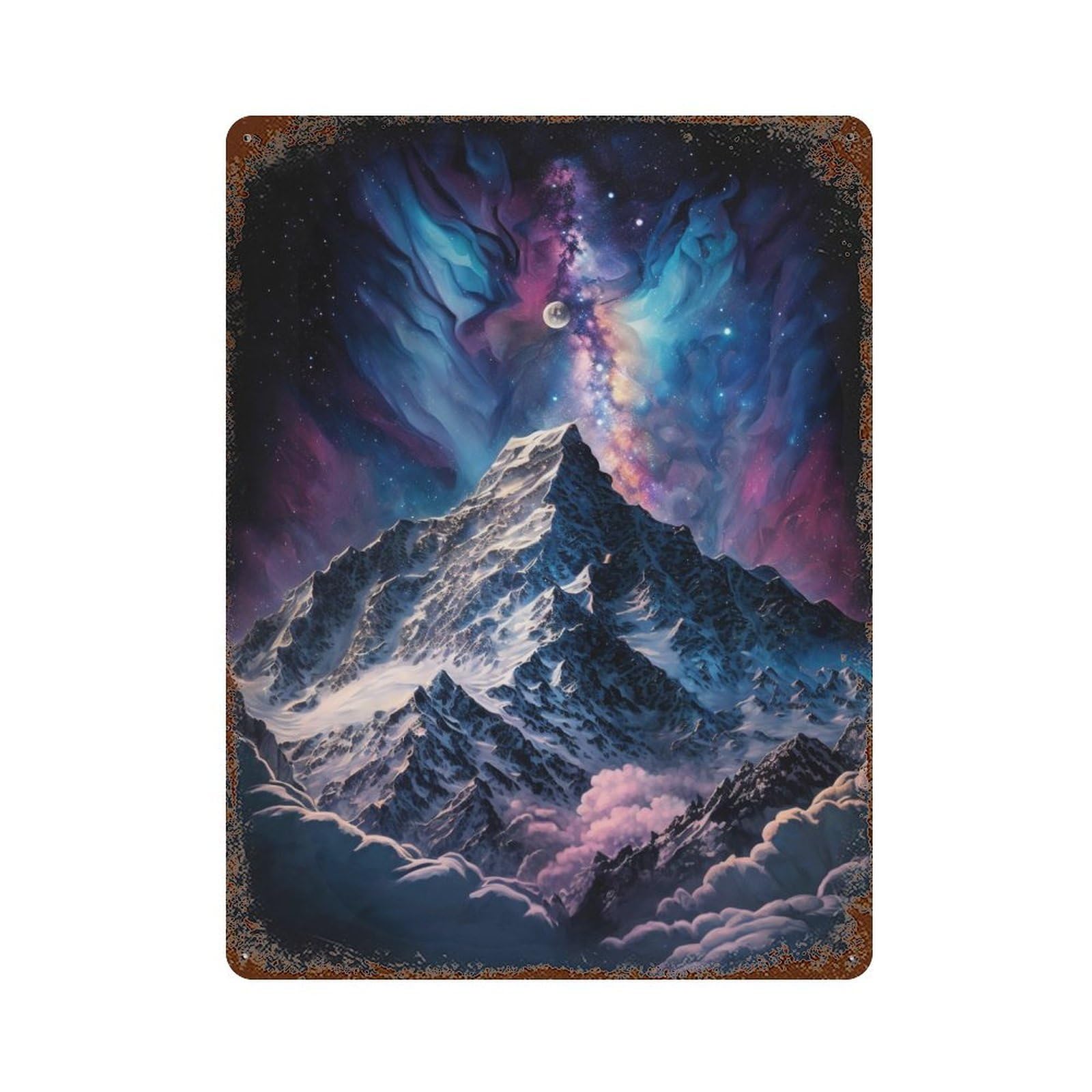Garage Style Galactic Mountain Peak Rust Effect Tin Sign 15.7"x11.8", Classic Wall Plaque for Bar And Workshop