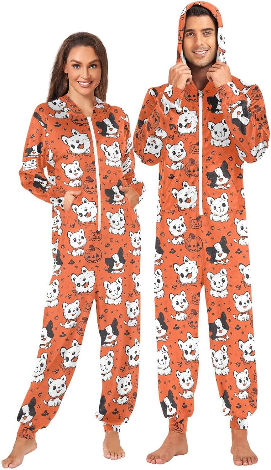 Pumpkin Dogs Halloween Orange Zipper Hooded Adult Jumpsuit Pajamas with Pockets XS-3XL