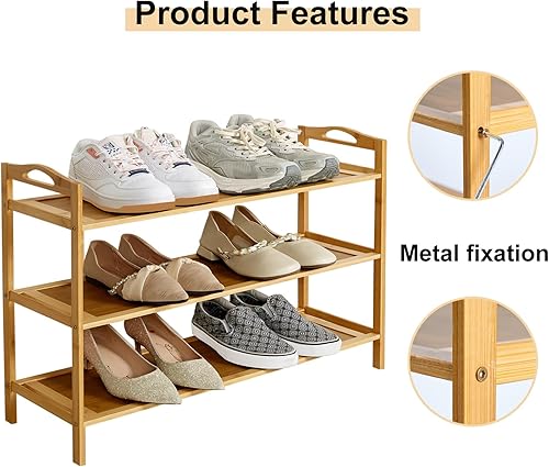 Miniatura 4 de Zapatero de bambú de 3 niveles para armario, zapateros independientes, organizador apilable para zapatos, zapatero de madera de bambú para entrada y