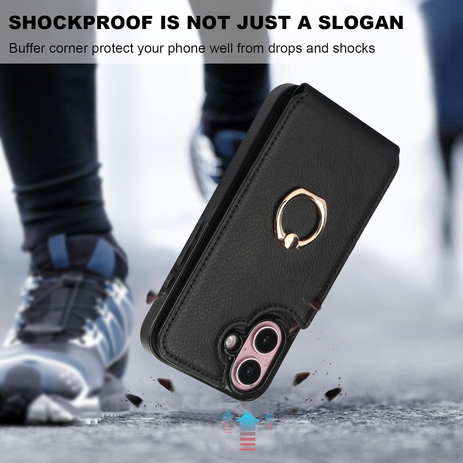 Folosu Compatible with iPhone 16 Case Wallet with Card Holder, 360°Rotation Finger Ring Holder Kickstand, RFID Blocking Leather Protective Double Buttons Shockproof Cover 6.1 Inch Black