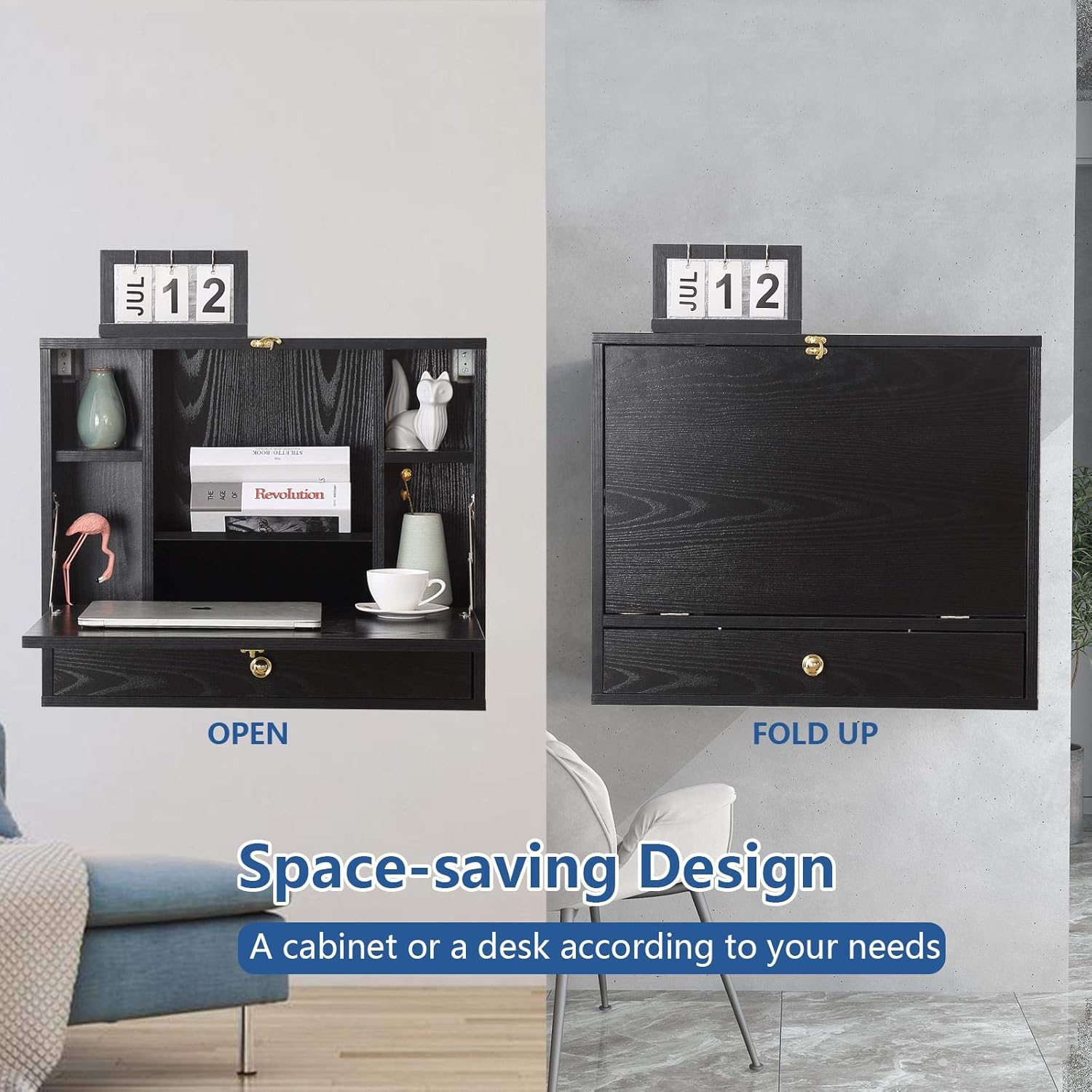 Wall Mounted Table, Multi-Function Folding Laptop Desk Wall Mount Writing Desk with Storage Compartments & Drawer for Home, Office, Small Spaces, Black