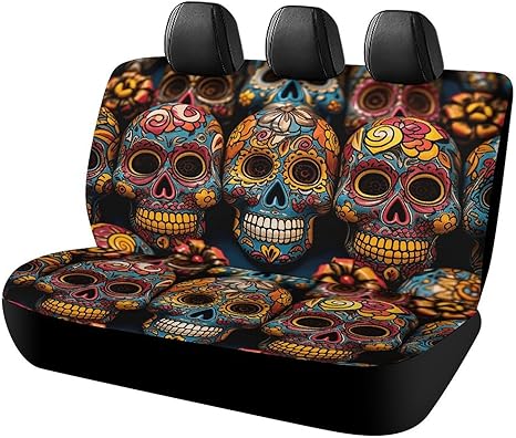 Colorful Sugar Skulls Car Seat Covers Protector Waterproof & Breathable Automotive Seat Covers Non-Slip Auto Backseat Cover Universal Accessories Rear Seats Cover for Cars SUV Truck