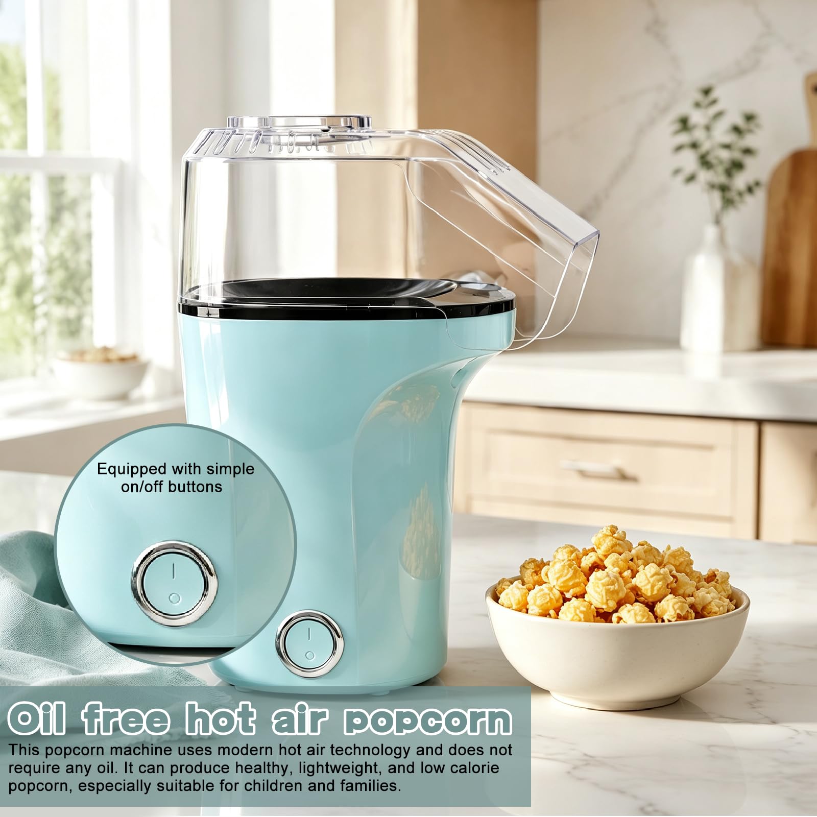 Maszyna do popcornu z gorącym powietrzem, 1200 W, bezolejowa maszynka do popcornu z przyciskiem One-Touch, zdrowa przekąska kukurydziana na wieczory filmowe, urodziny dziecka i święta