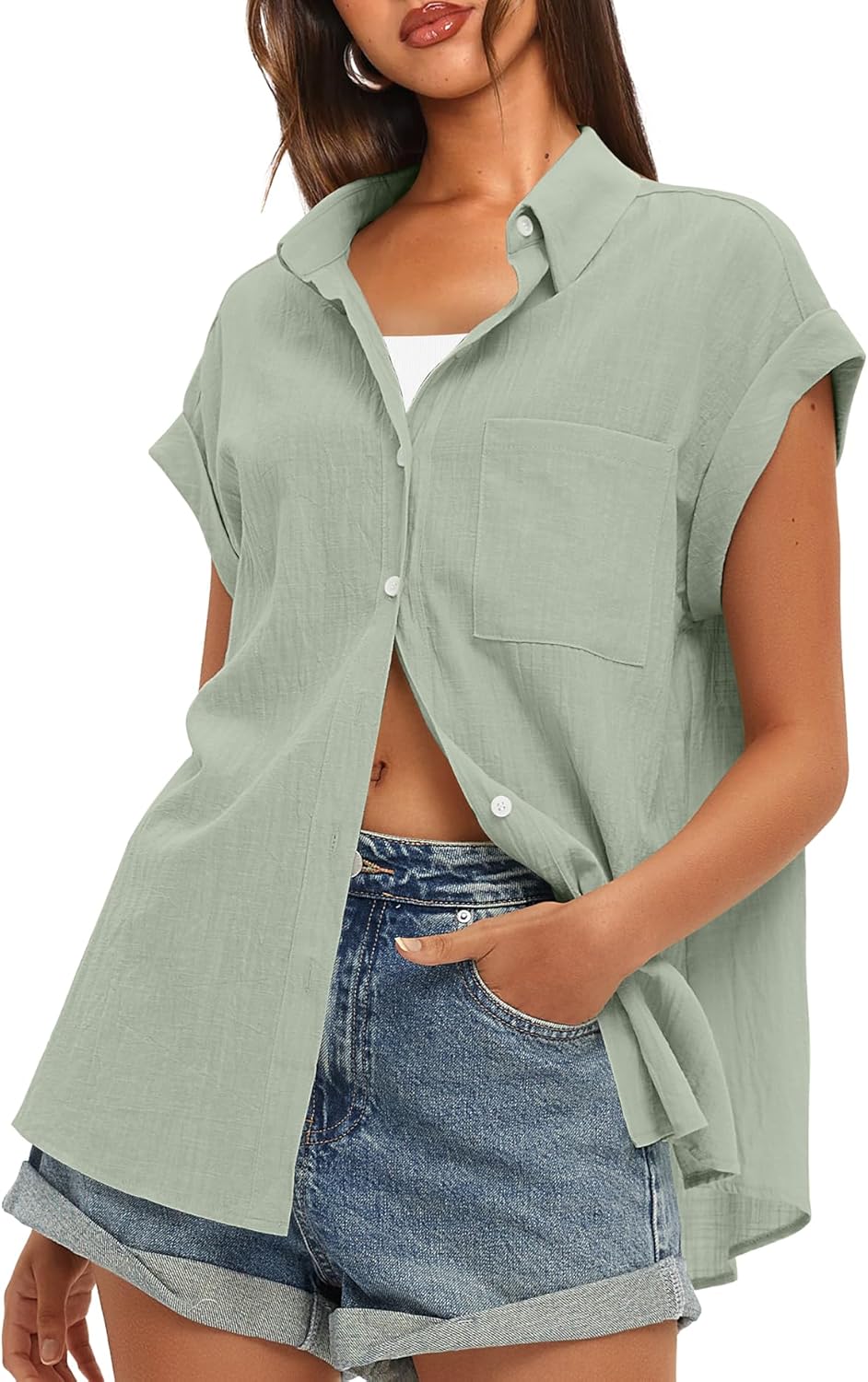 Darong Women's Button Down Cuffed Short Sleeve Shirts Cotton Casual 2025 Summer Loose Fit Blouse Top - Image 2