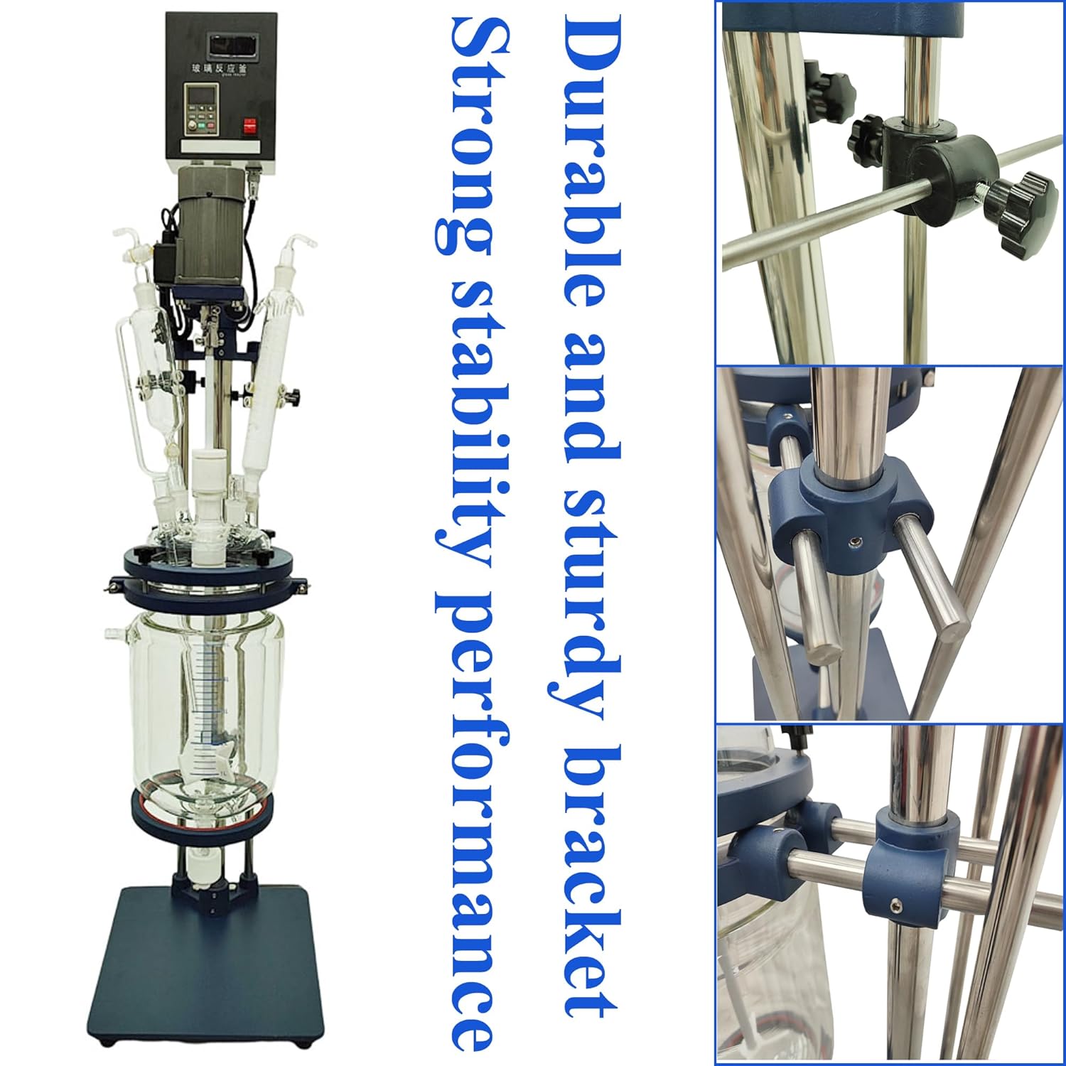 Glass Reactor 5L Chemical Glass Jacketed Vessel for Reaction Distillation Digital Display Double-Layer Lab Reactor with Support Frame Adjustable Speed for Lab Reaction Distillation 220V
