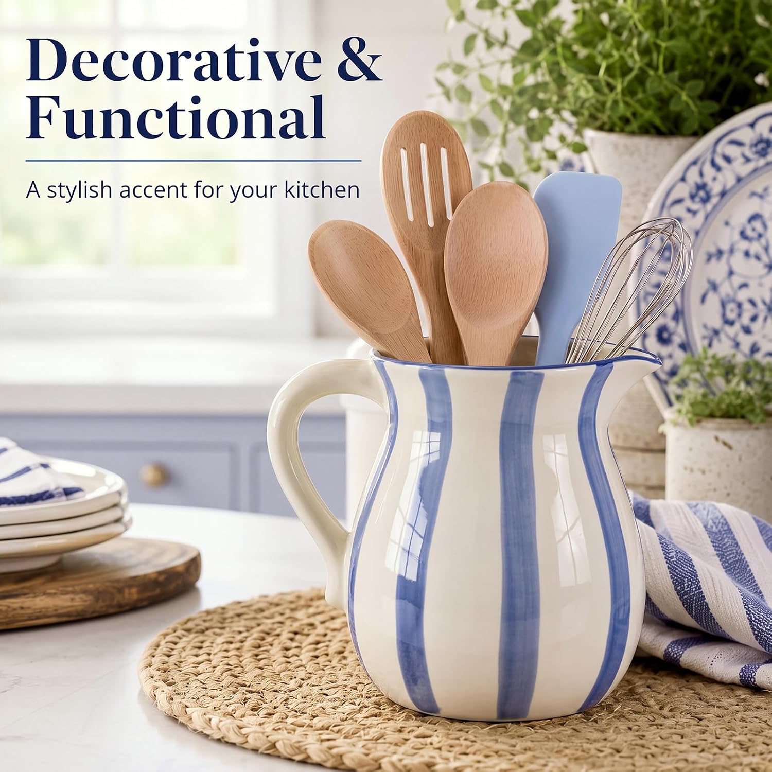 FillTouch Ceramic Utensil Holder Coastal Blue White Stripe for Countertop